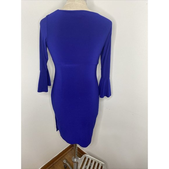 Ralph Lauren Dress Royal Blue 8 Ruched Side V Neck Wiggle Midi 3/4 Ruffle Sleeve - Picture 6 of 8